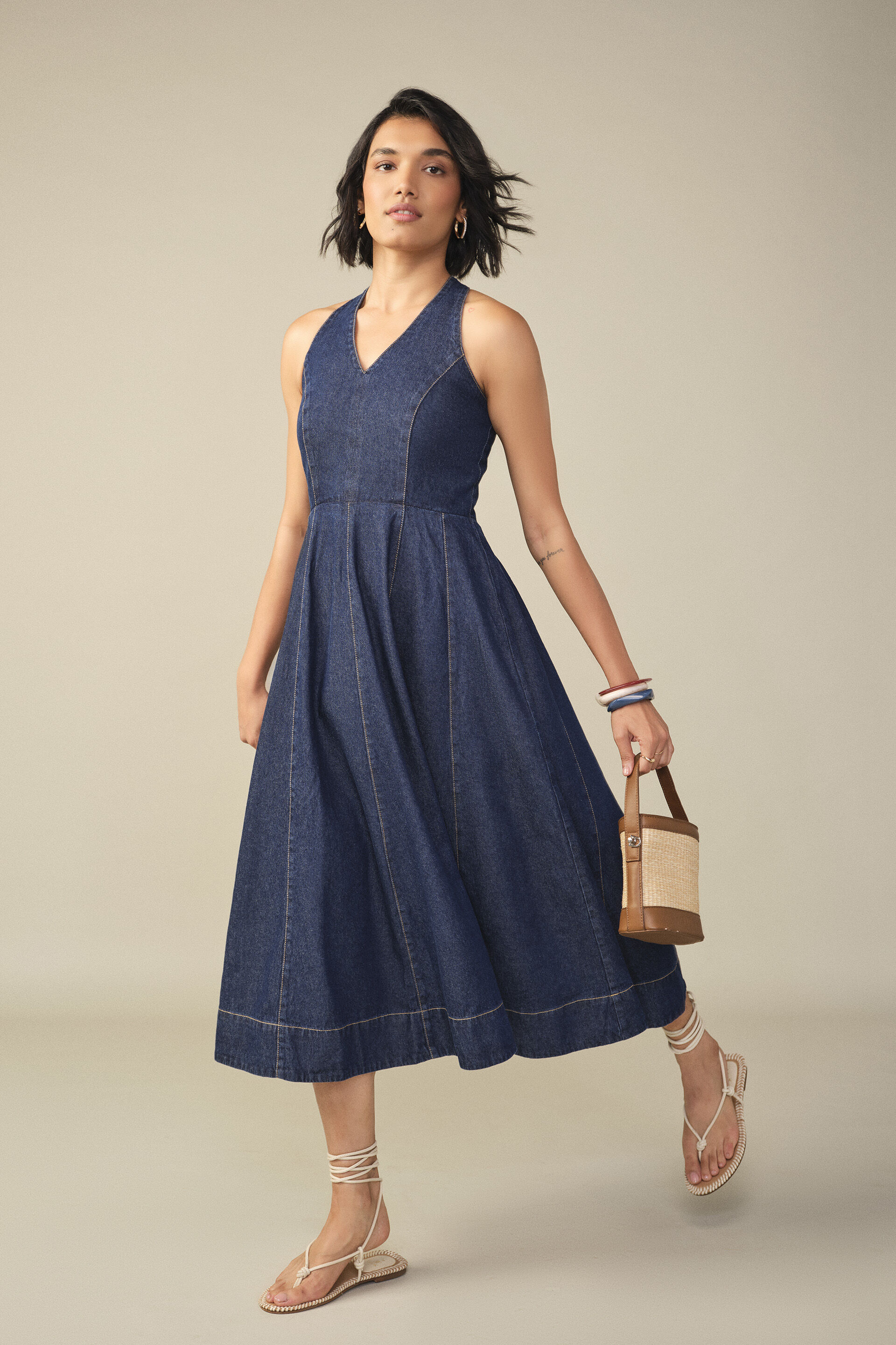 Panelled Denim Maxi Dress in Blue, Blue, image 2